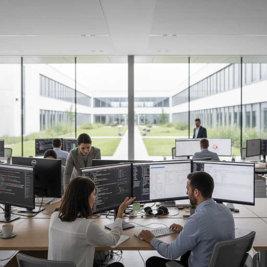 Oficina moderna de desarrollo de software dentro de Paseo Tablado Zona Franca Guayaquil, con ingenieros colaborando en equipos.